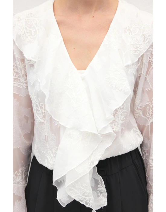 Fırfır Detaylı Nakışlı Gömlek - Ekru