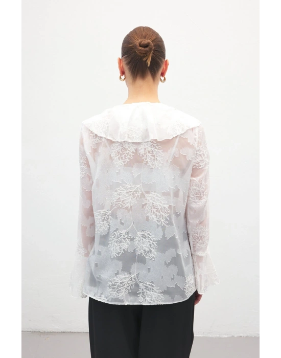 Fırfır Detaylı Nakışlı Gömlek - Ekru