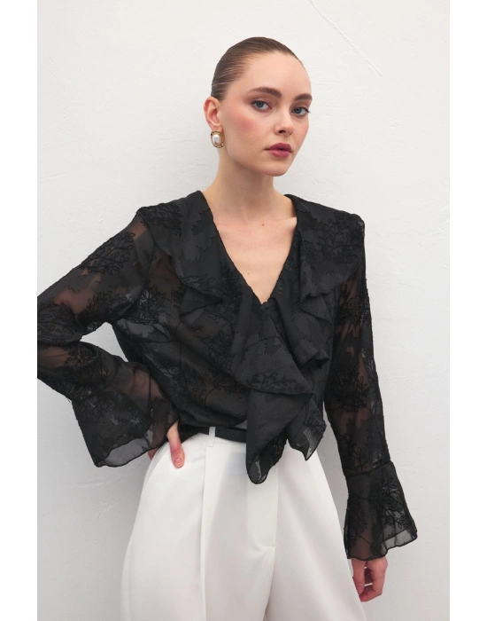 Fırfır Detaylı Nakışlı Gömlek - Siyah