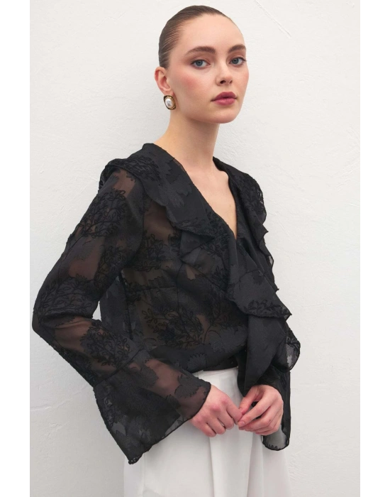 Fırfır Detaylı Nakışlı Gömlek - Siyah