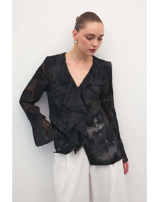 Fırfır Detaylı Nakışlı Gömlek - Siyah