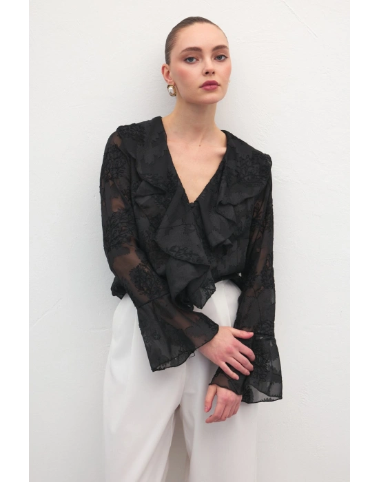 Fırfır Detaylı Nakışlı Gömlek - Siyah