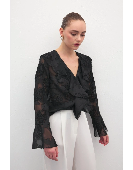 Fırfır Detaylı Nakışlı Gömlek - Siyah