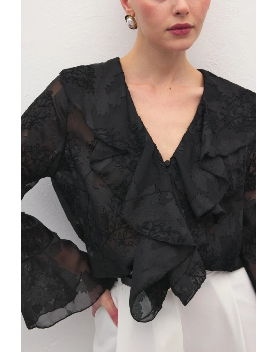 Fırfır Detaylı Nakışlı Gömlek - Siyah