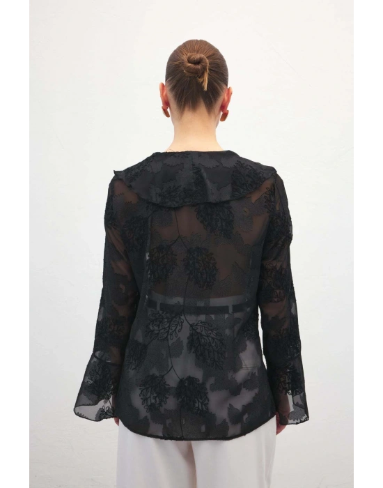 Fırfır Detaylı Nakışlı Gömlek - Siyah