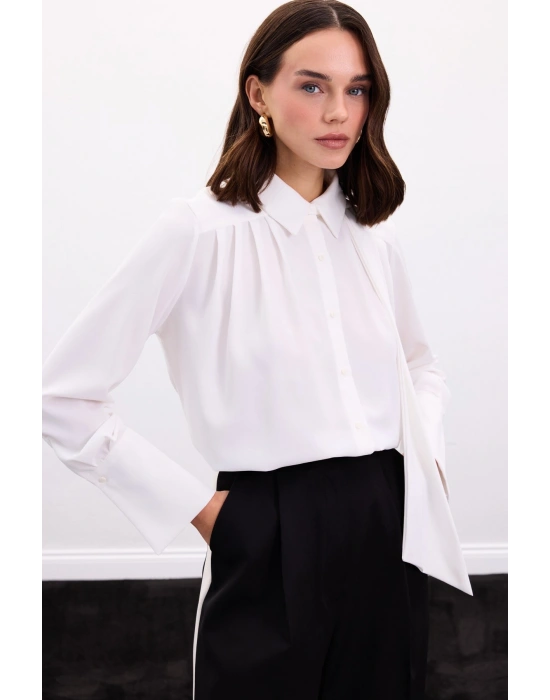 Fularlı Gömlek - Ekru