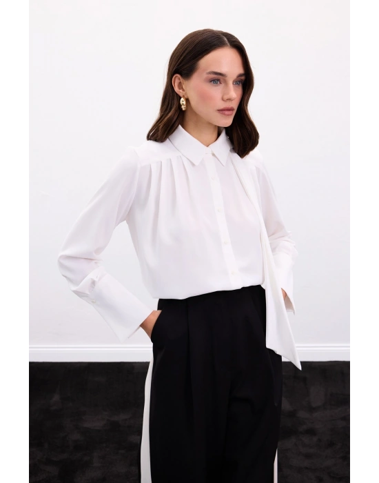 Fularlı Gömlek - Ekru