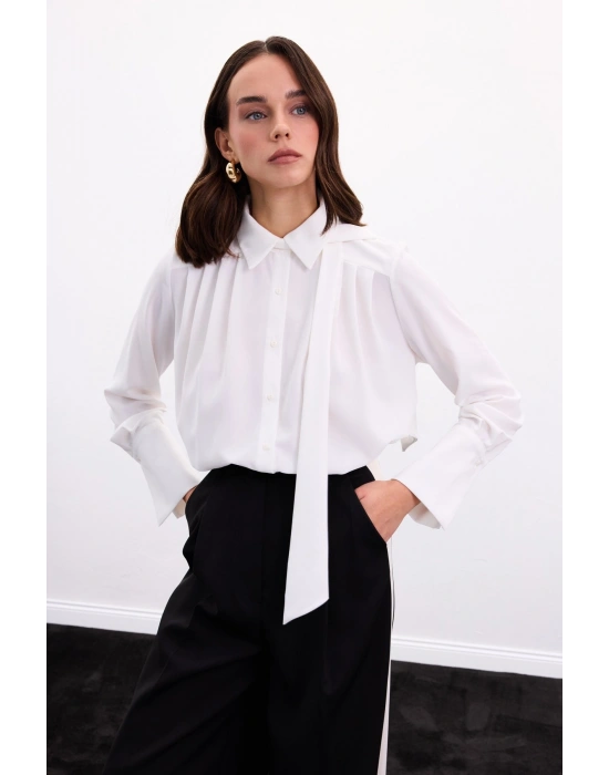 Fularlı Gömlek - Ekru