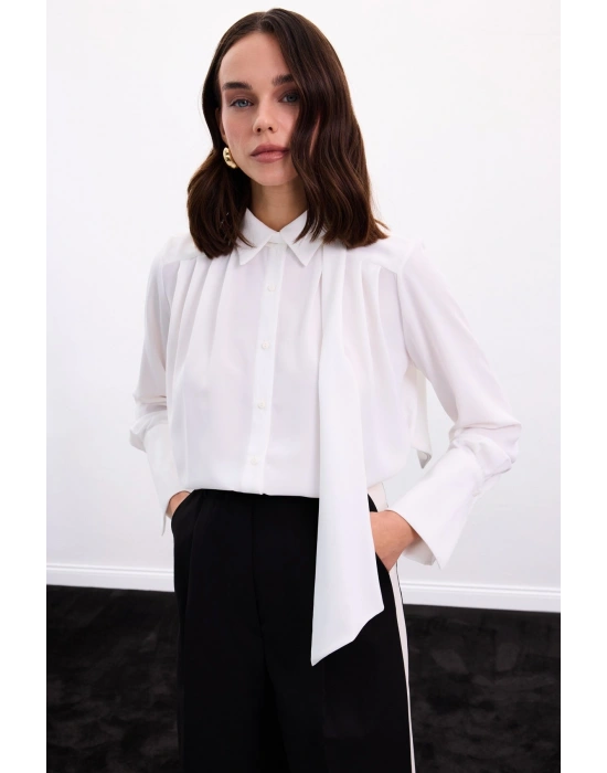 Fularlı Gömlek - Ekru