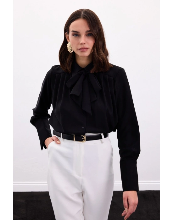 Fularlı Gömlek - Siyah