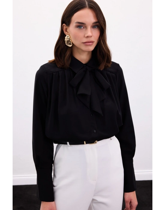 Fularlı Gömlek - Siyah