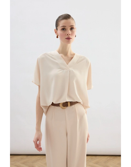 Geniş Kısa Kollu Bluz - Bej