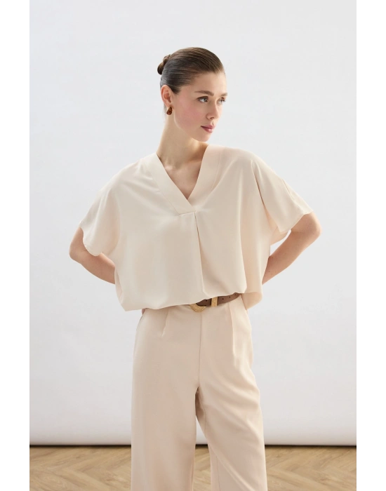 Geniş Kısa Kollu Bluz - Bej