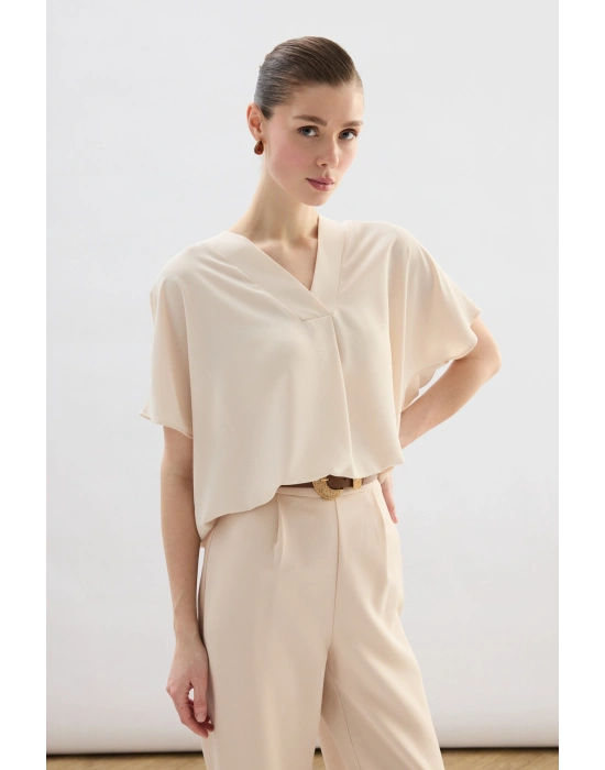 Geniş Kısa Kollu Bluz - Bej