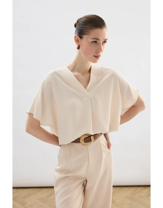 Geniş Kısa Kollu Bluz - Bej