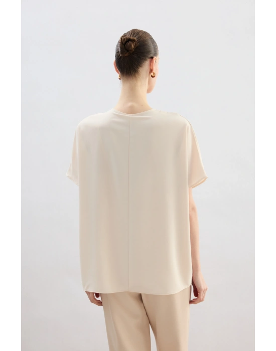 Geniş Kısa Kollu Bluz - Bej