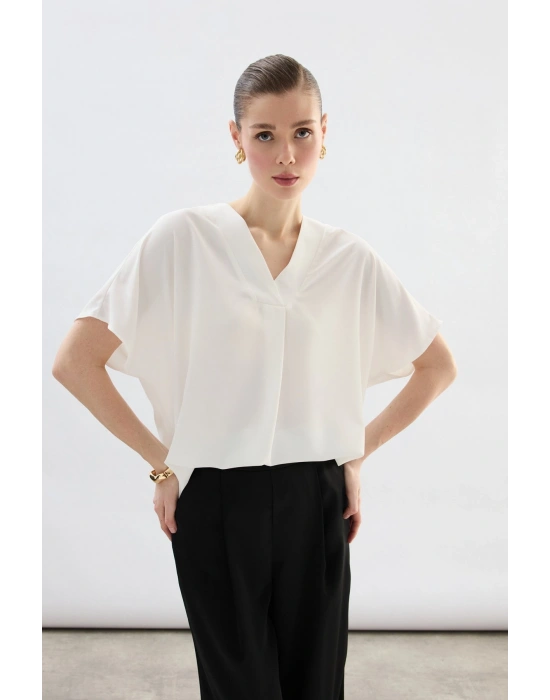 Geniş Kısa Kollu Bluz - Ekru