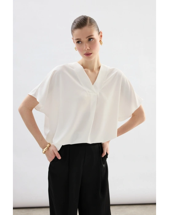 Geniş Kısa Kollu Bluz - Ekru