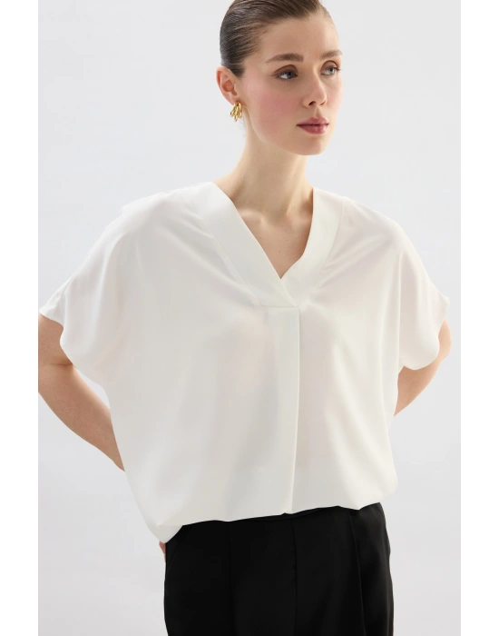 Geniş Kısa Kollu Bluz - Ekru