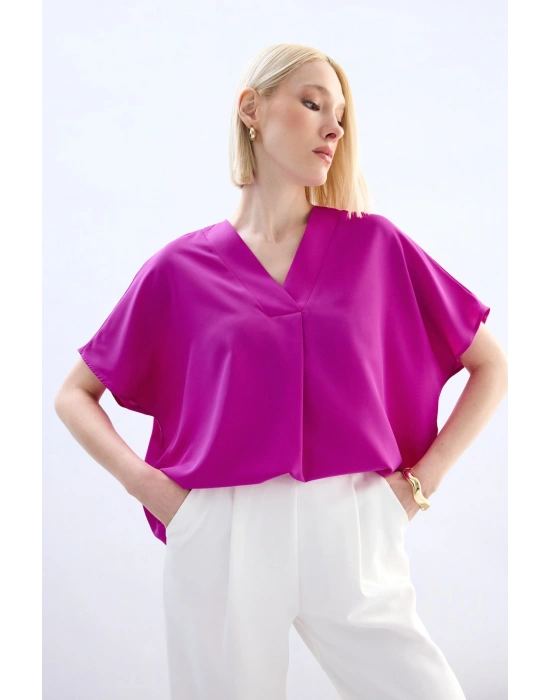 Geniş Kısa Kollu Bluz - Fuşya