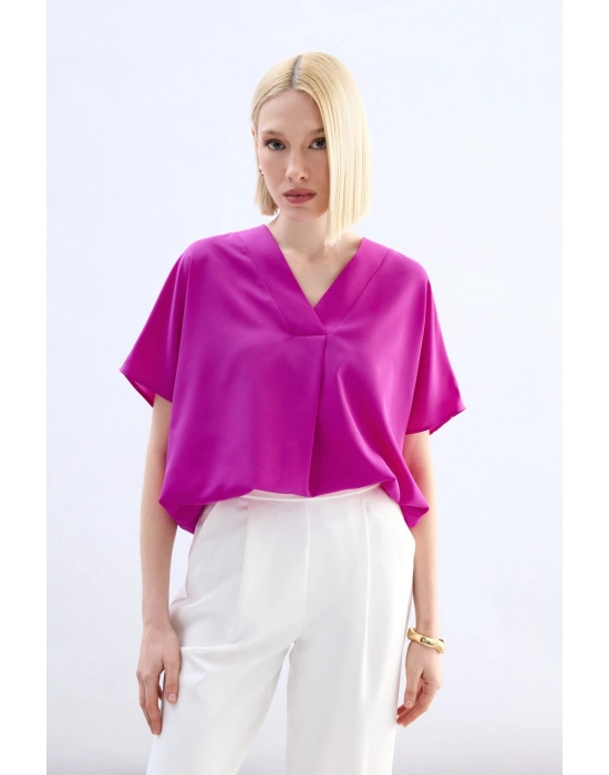 Geniş Kısa Kollu Bluz - Fuşya