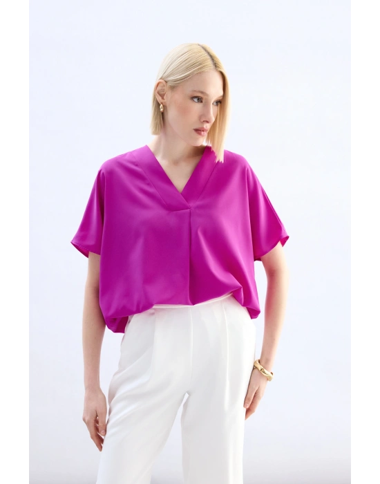 Geniş Kısa Kollu Bluz - Fuşya