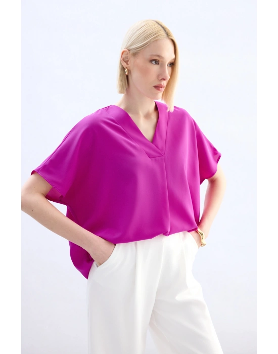Geniş Kısa Kollu Bluz - Fuşya