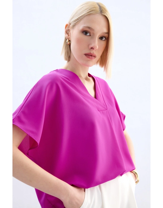 Geniş Kısa Kollu Bluz - Fuşya