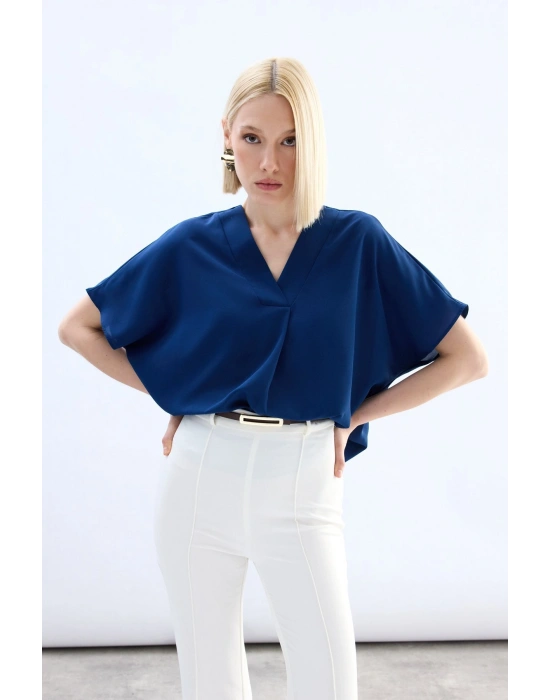 Geniş Kısa Kollu Bluz - İndigo