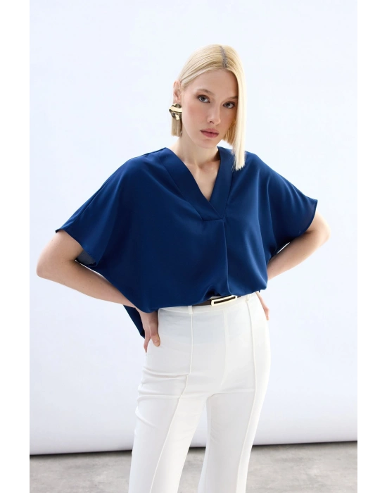 Geniş Kısa Kollu Bluz - İndigo