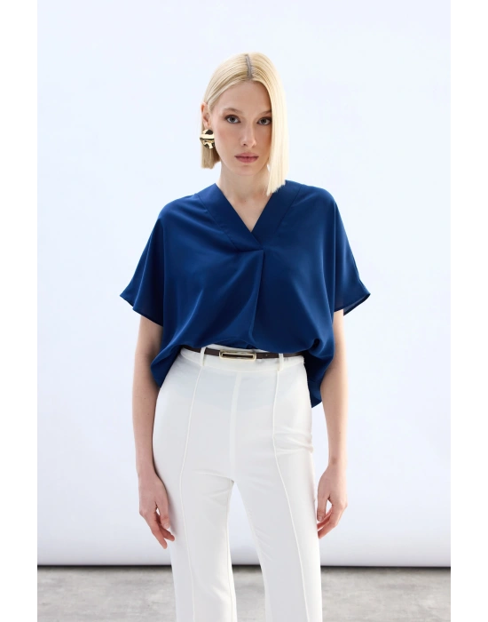 Geniş Kısa Kollu Bluz - İndigo
