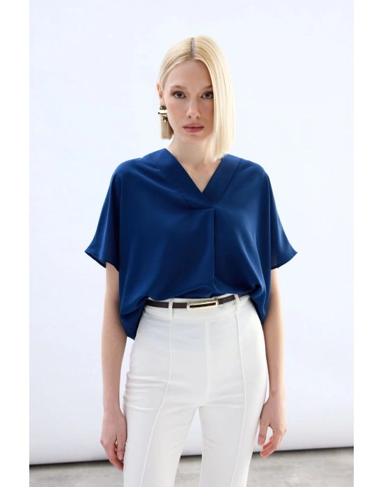 Geniş Kısa Kollu Bluz - İndigo