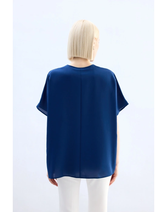 Geniş Kısa Kollu Bluz - İndigo