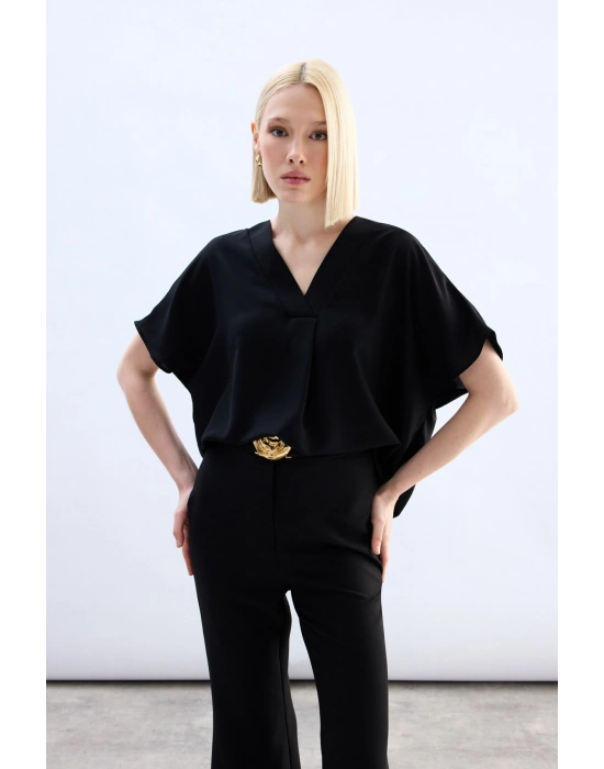 Geniş Kısa Kollu Bluz - Siyah