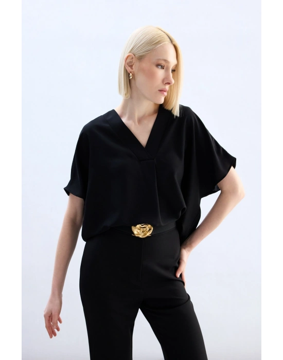 Geniş Kısa Kollu Bluz - Siyah
