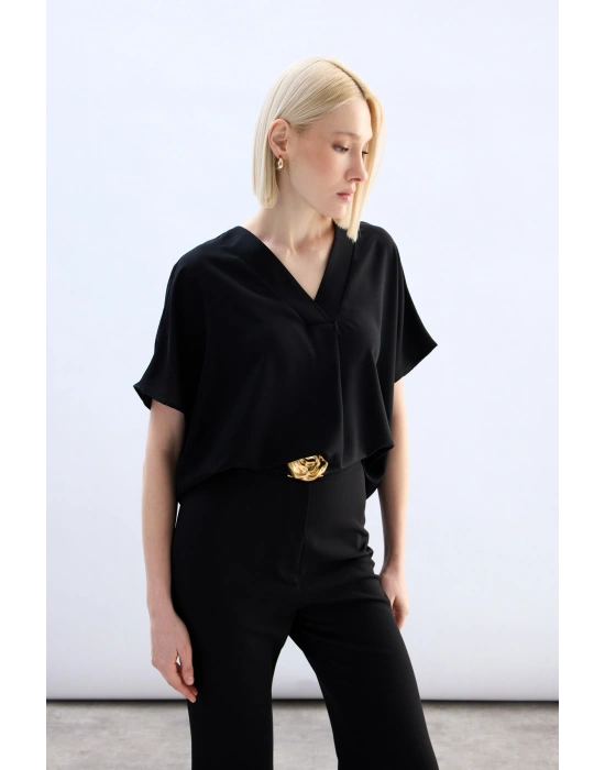 Geniş Kısa Kollu Bluz - Siyah