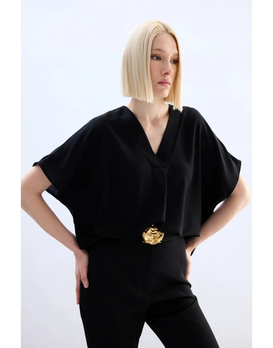 Geniş Kısa Kollu Bluz - Siyah