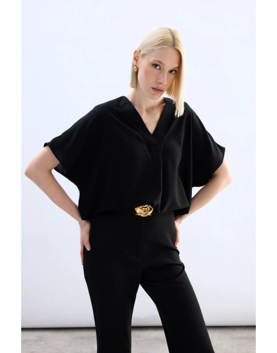 Geniş Kısa Kollu Bluz - Siyah