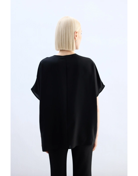 Geniş Kısa Kollu Bluz - Siyah