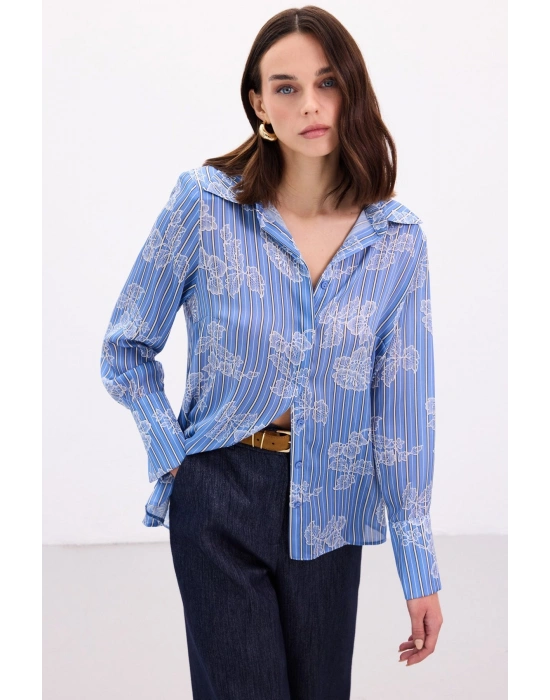 Geniş Manşetli Gömlek - Mavi