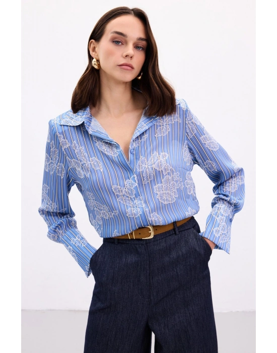 Geniş Manşetli Gömlek - Mavi