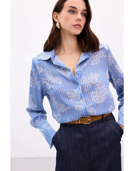 Geniş Manşetli Gömlek - Mavi