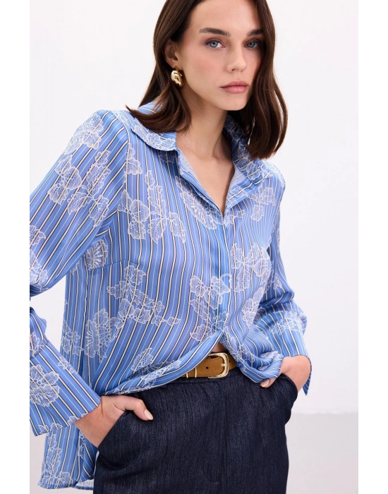 Geniş Manşetli Gömlek - Mavi