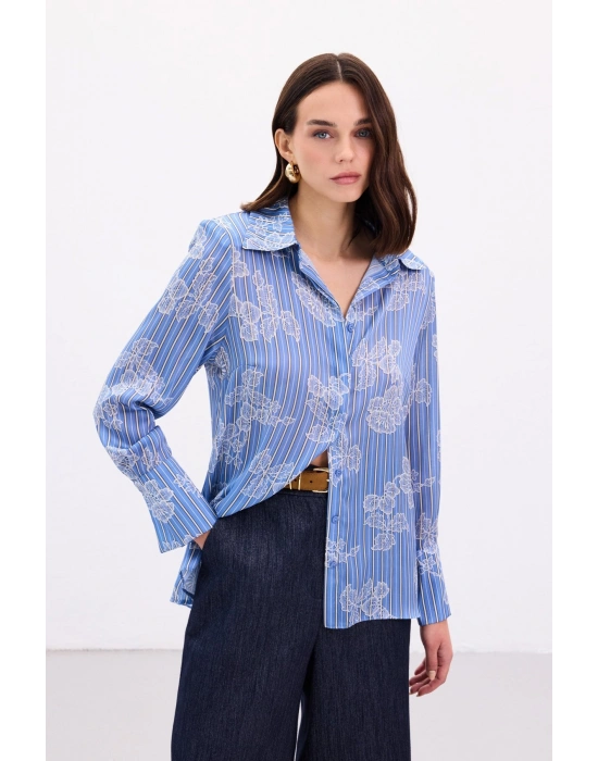 Geniş Manşetli Gömlek - Mavi