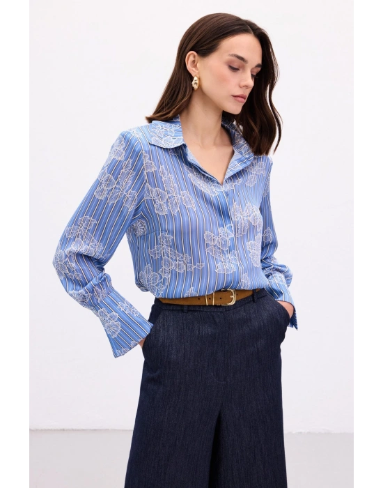 Geniş Manşetli Gömlek - Mavi