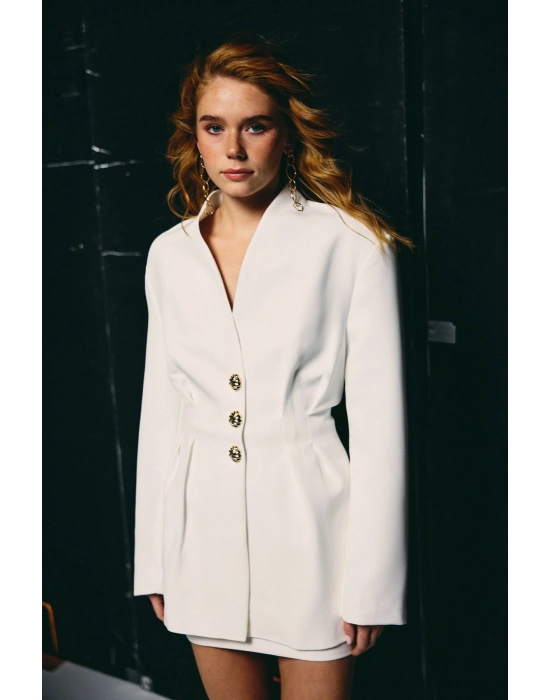 Gold Düğmeli Uzun Ceket - Ekru