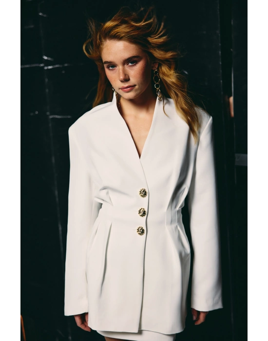 Gold Düğmeli Uzun Ceket - Ekru