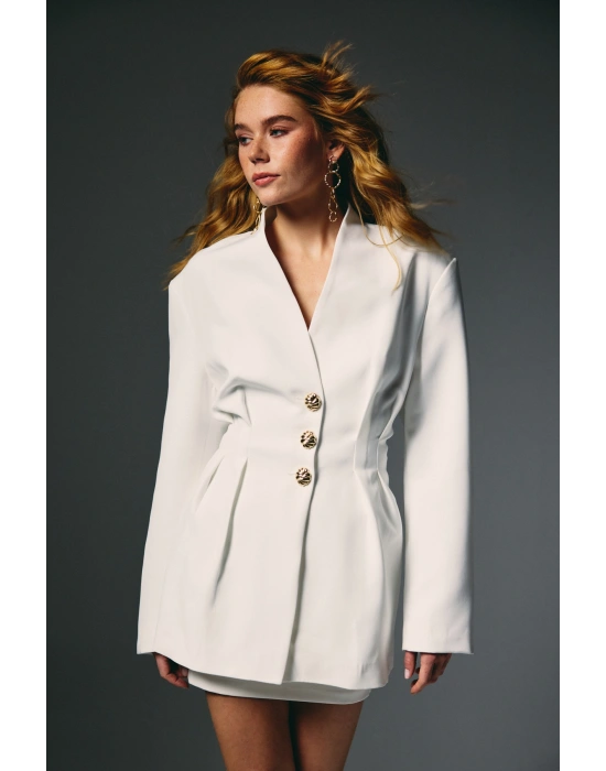 Gold Düğmeli Uzun Ceket - Ekru