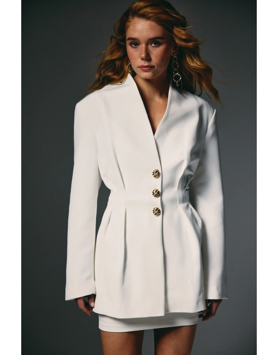 Gold Düğmeli Uzun Ceket - Ekru