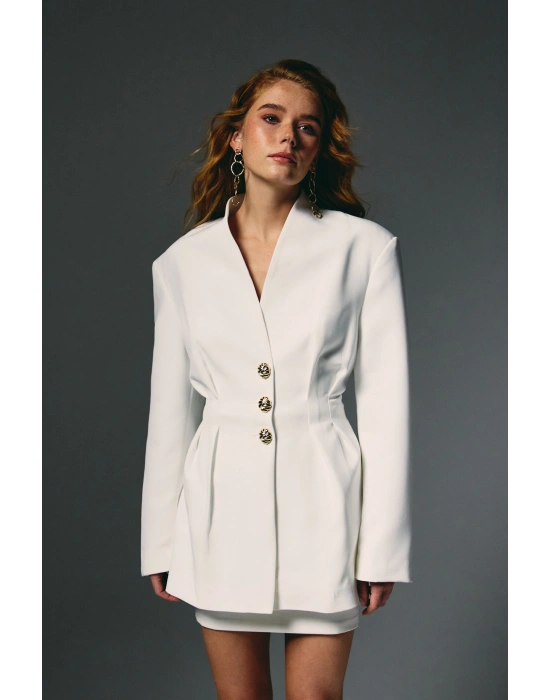 Gold Düğmeli Uzun Ceket - Ekru